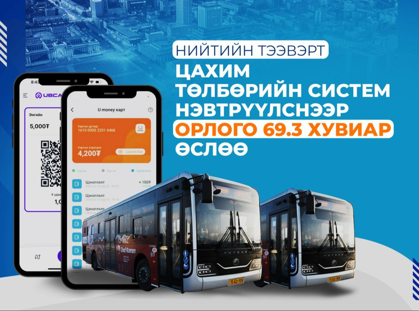 Нийтийн тээвэрт цахим төлбөрийн систем нэвтрүүлснээр орлого 69.3 хувиар өслөө